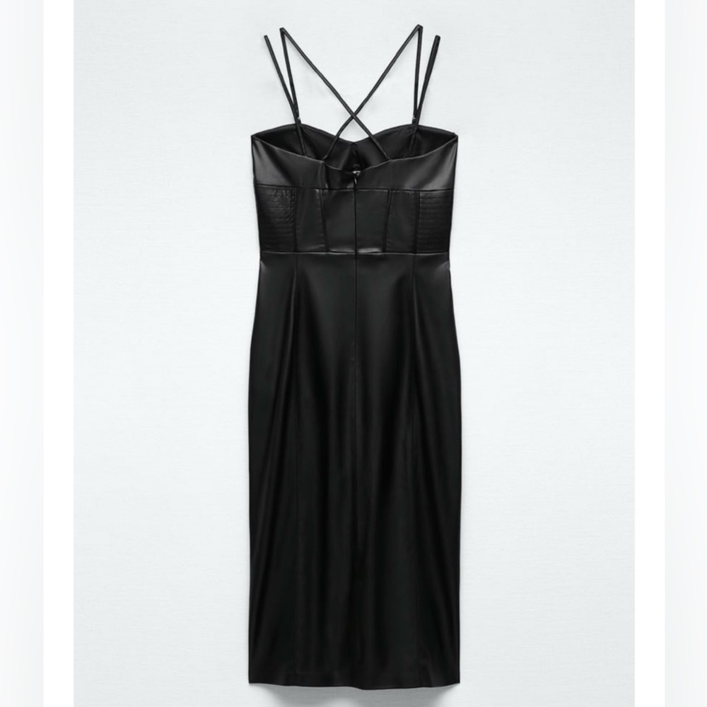 Zara Bloggers Fav Topstitched Faux Leather Midi Slit Christmas CutOut Dress Sz M - Picture 7 of 17